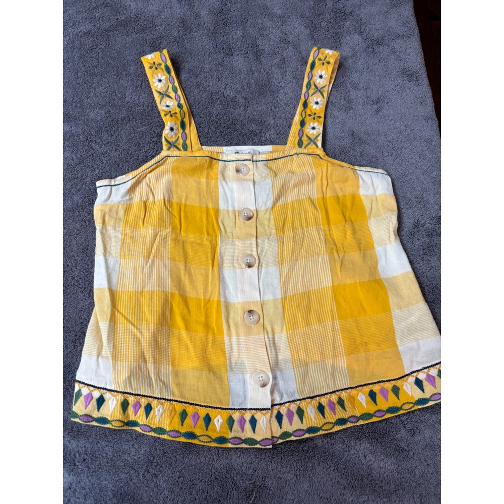Madewell Yellow Gingham Embroidered Button Front Tank Top J8089 L